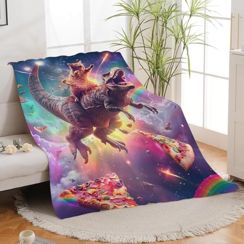 Funny Dinosaur and Cat Blanket Universe Rainbow Pizza Dino Cat Throw Blanket Gifts for Girls Women Kids Adults Super Soft Cozy Plush Fluffy Fuzzy Fleece Blanket Home Decor 50''X60'' - Image 6