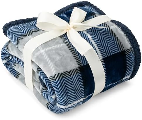 PAVILIA Plaid Sherpa Throw Blanket for Couch Sofa Bed, Navy Blue, 50x60 - Image 3