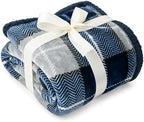 PAVILIA Plaid Sherpa Throw Blanket for Couch Sofa Bed, Navy Blue, 50x60 - Image 3
