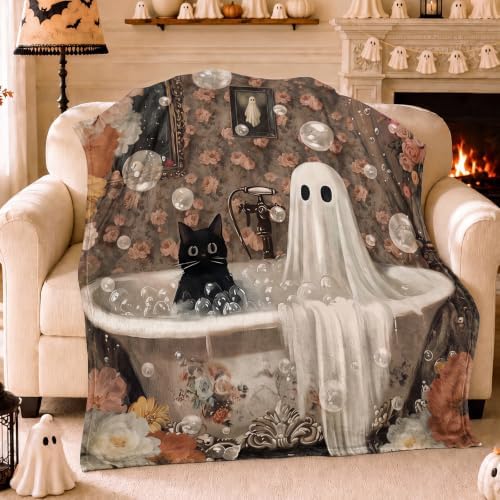 Breling Halloween Ghost Bathroom Throw Blanket Flannel Black Cat 50"x60" by Breling