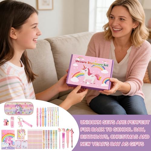 Ulema 41Pcs Cute Unicorn Stationery Set Birthday Gifts for Girls Back to School and Classroom Rewards Office Supplies with Unicorn Stuffs with Kawaii pencils,Keychain etc. - Image 7