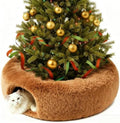 Cat Tunnel Christmas Tree Skirt， Cat Bed Under The Xmas Tree, Soft Plush Kitty Tunnel Bed with Washable Cushion, Two-Entry Peekaboo Round Christmas Cats Donut for Kitten Puppy Rabbit Ferret (Brown) by KVITTRA