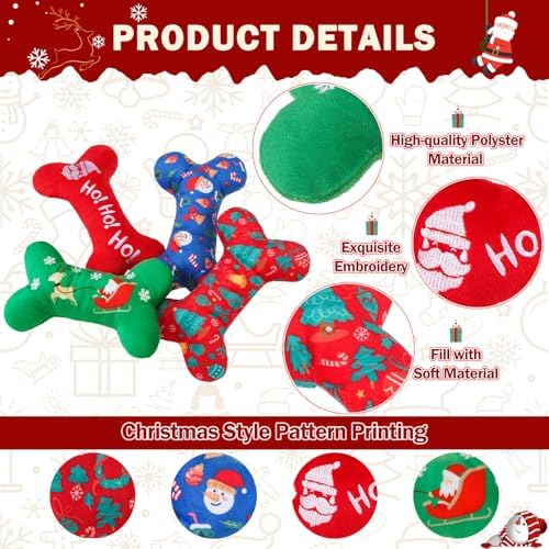 SCENEREAL Christmas Dog Toy Pack 4, Durable Cute Interactive Dog Stuffed Plush Squeaky Toys with Squeaker, Pet Chew Toys for Small Medium Dogs Puppies Bone Shape - Image 4