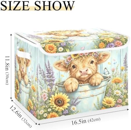 Bolaz Sunflower Heights Cattle Storage Bins with Lids and Handles, Storage Box Basket with Cover Collapsible Organizer Containers for Home Closet, Shelves - Image 3