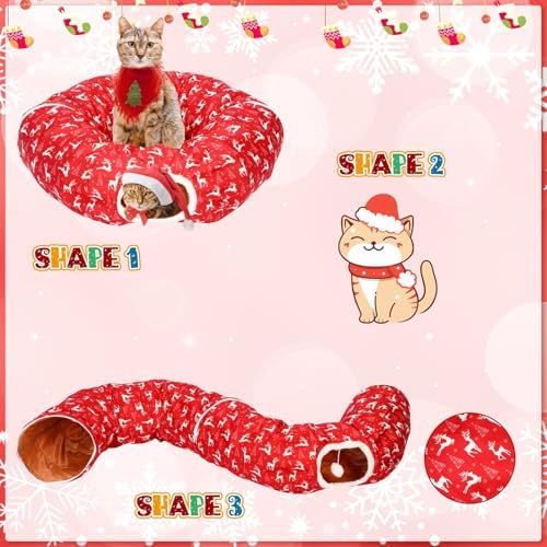 Cat Tunnel Christmas Tree Skirt Cat Bed Indoor 3 ft x 3 ft x 10 Inch Kitten Donut Tunnel with Ball Peekaboo Cave Pet Bed Round Hideaway Holiday Cave Circle Pets Gift(Elk) - Image 4