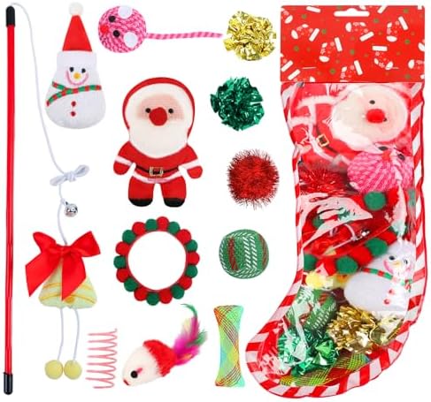Christmas Stocking Cat Toys - 12Pcs Interactive Set for Cats with Squeaky Toys, Balls, Cat Teasers by Yeghujar