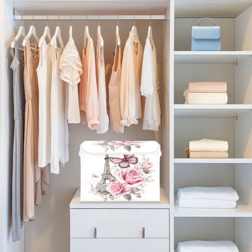 Bolaz Bow Flower Eiffel Tower Storage Bins with Lids and Handles, Foldable Storage Box Storage Basket with Cover Collapsible Organizer Containers for Home Closet, Shelves - Image 6