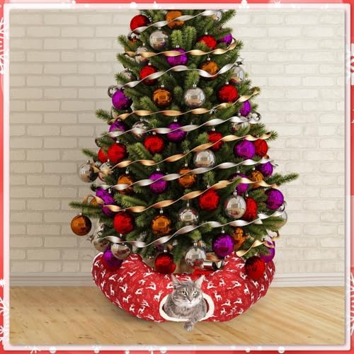 Cat Tunnel Christmas Tree Skirt Cat Bed Indoor 3 ft x 3 ft x 10 Inch Kitten Donut Tunnel with Ball Peekaboo Cave Pet Bed Round Hideaway Holiday Cave Circle Pets Gift(Elk) - Image 5
