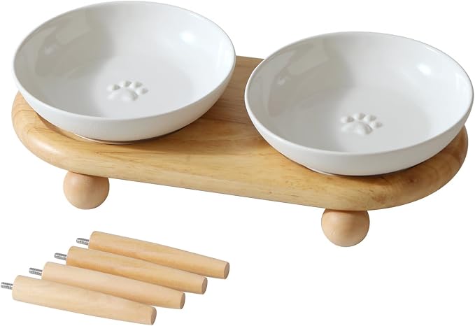 Havniva Elevated Cat Bowls, Cat Food and Water Bowl Set, Ceramic Cat Bowl | Raised Cat Food Bowls, Whisker Friendly, 5.6” Shallow Cat Dishes, Wide Cat Plates, Non-Slip Wood Stand, Two Heights