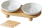 Havniva Elevated Cat Bowls, Cat Food and Water Bowl Set, Ceramic Cat Bowl | Raised Cat Food Bowls, Whisker Friendly, 5.6” Shallow Cat Dishes, Wide Cat Plates, Non-Slip Wood Stand, Two Heights