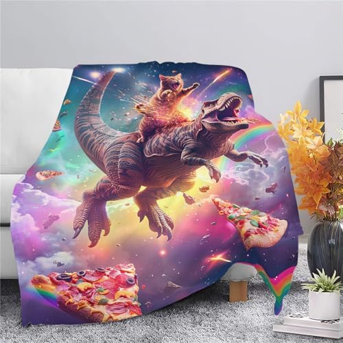 Funny Dinosaur and Cat Blanket Universe Rainbow Pizza Dino Cat Throw Blanket Gifts for Girls Women Kids Adults Super Soft Cozy Plush Fluffy Fuzzy Fleece Blanket Home Decor 50''X60'' - Image 3