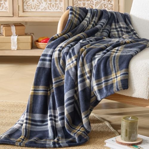 BEDELITE Tartan Plaid Fleece Twin Blanket for Couch, Navy, 60"x80" - Image 6