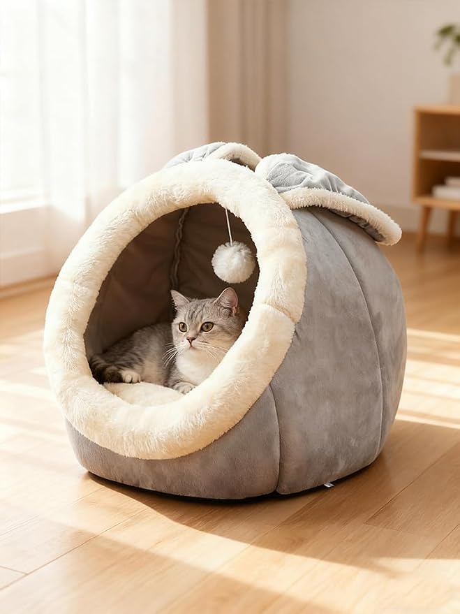 Cat Beds for Indoor Cats-Rabbit-Shaped Cat Cave Bed with Hanging Toy,Grey L | Super Soft Calming cat Tent house for Kitten&Puppy,Warm Plush&Machine Washable&Removable Cushioned Pad,Cute cat Hideaway
