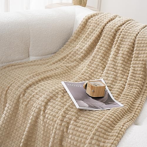 Puncuntex Fleece Throw Blanket Khaki 60"×80" with Square Grid Design - Image 3