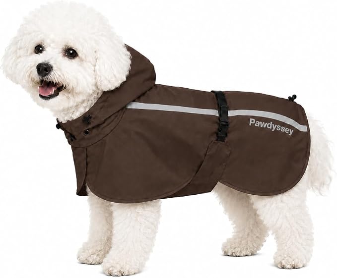 Stretch Fabric Dog Raincoat with Hood, Reflective Rain Poncho for Small Dogs, Adjustable Waterproof Dog Rain Jacket with Leash Opening, Brown, Small