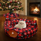 3-in-1 Red Black Buffalo Plaid Cat Tunnel Christmas Tree Skirt for Cat Play - Image 5