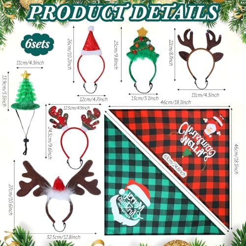 Paterr 12 Pcs Christmas Dog Bandanas, 6 Reindeer Headband 6 Plaid Scarf - Image 2