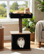 Nordic Loft Cat Tree, Compact 30" Walnut Wood Tower for Kittens | Walnut Wood Finish, Soft Padded Perch, Sisal Scratching Post, Cozy Hideaway Condo, Floor-Mounted Stable Base, Indoor Use