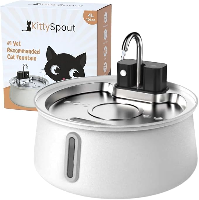 KittySpout 4L Stainless Steel Cat Water Fountain, Cordless Automatic Pet Drinking Dispenser, Quiet Circulating Water Bowl for Cats and Small Dogs, Dishwasher Safe, Indoor Use