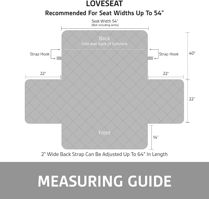 Sofa Shield 100% Waterproof Couch Cover with Patented Straps, Slip & Stain Resistant Furniture Protector, Machine Washable Sofa Slipcover for Dogs Cats Pets Kids, 54 inch Seat, Loveseat, Light Gray