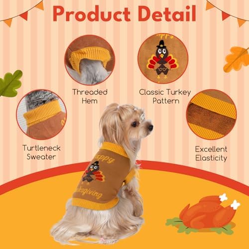Thanksgiving Dog Sweater for Small Medium Dogs Adorable Festival Pattern Turkey Pet Costumes Turtleneck Knitted Puppy Clothes Soft Warm Cold Weather Dog Thanksgiving Outfit Party - Image 5