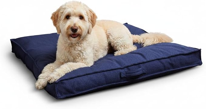 Indoor Dog Bed with Removable Washable Cover, Soft Basketweave Fabric, Reversible Cushion, Carry Handle, Baffle Construction to Help Prevent Fill Shifting, Cobalt - Large (40"x40")