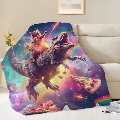 Funny Dinosaur and Cat Blanket Universe Rainbow Pizza Dino Cat Throw Blanket Gifts for Girls Women Kids Adults Super Soft Cozy Plush Fluffy Fuzzy Fleece Blanket Home Decor 50''X60'' by Fuzawet