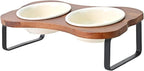 SPUNKYJUNKY Ceramic Elevated Tilted Dog Bowls Bone-Shaped Raised with 2 Height Iron Stand, 5.9'' Dog and Cat Food Water Bowls Set Non-Slip for Small Sized Breed - 13.5 OZ,Beige