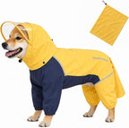 Full-Body Dog Raincoat with Detachable Hood, Waterproof Reflective Dog Rain Jacket with Tail Cover, Adjustable Fit and Leash Portal for Rainy Walks, Bright Yellow, Medium