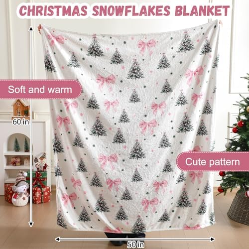 FuWeave Pink Bow Christmas Throw Blanket 50 x 60 Inches Xmas Tree Blanket - Image 2