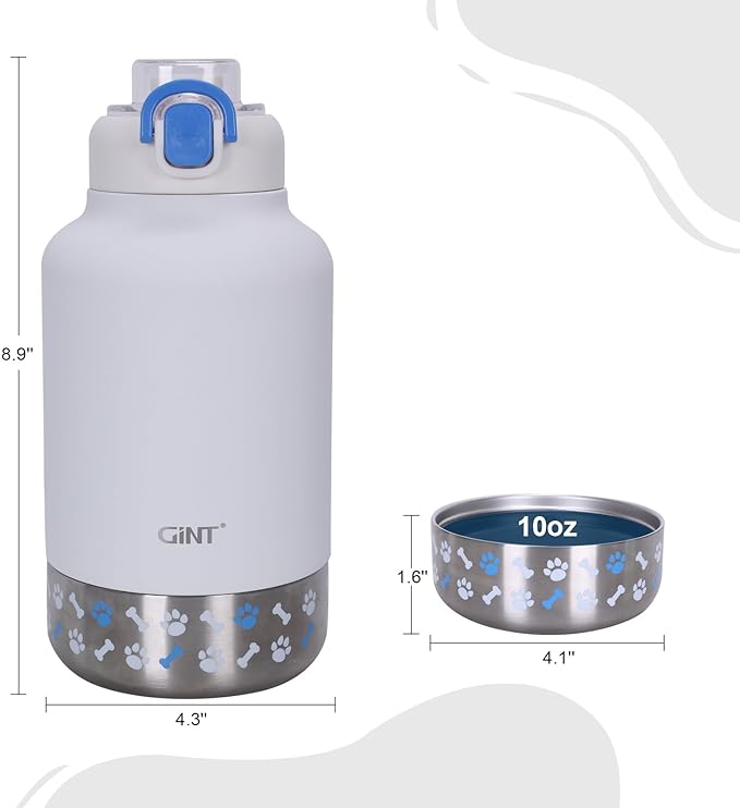 GiNT 37oz Insulated Stainless Steel Dog & Human Water Bottle, All-in-1 Travel Dispenser with Detachable Bowls & Carrying Case, Leak-Proof Pet Canteen for Walking, Hiking, Camping, Car (White)