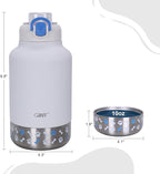 GiNT 37oz Insulated Stainless Steel Dog & Human Water Bottle, All-in-1 Travel Dispenser with Detachable Bowls & Carrying Case, Leak-Proof Pet Canteen for Walking, Hiking, Camping, Car (White)
