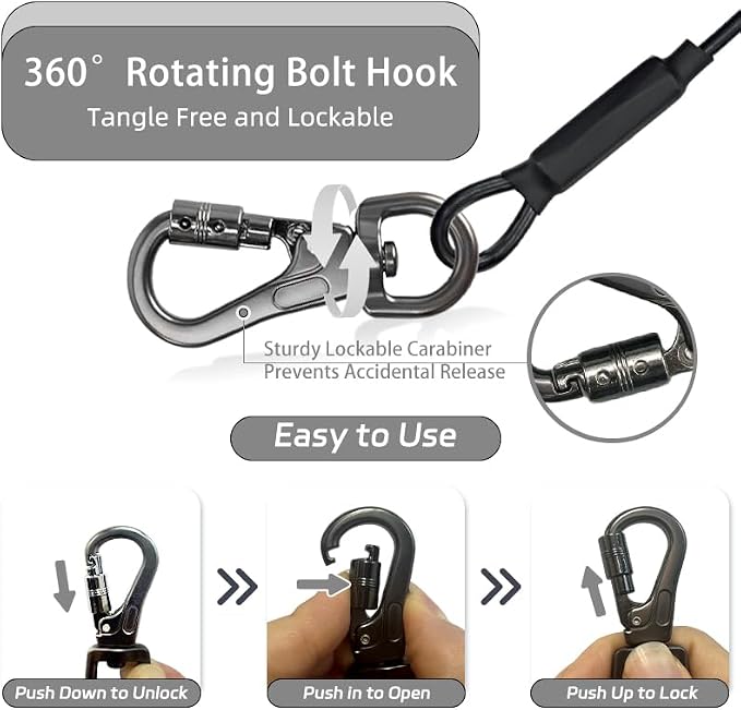 Dog Tie Out Cable - Chew Proof Steel Wire Lead - 360° Tangle Free Outdoor Leash for Pups - Dog Runner Cable for Small to Medium Dogs (Black, 45lbs/30ft)