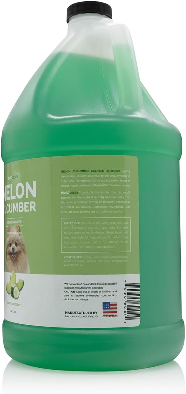 Bark2Basics Melon Cucumber Dog Shampoo, 1 Gallon - Unique Herbal Blend, Professional Grade, Delivers Nutrients to Skin and Coat, Eliminates Smelly Pet Odors | 16:1 Concentrate. Gentle on Pets, Cats and Puppies, Fresh Scent, Soothing Herbal Grooming Was...