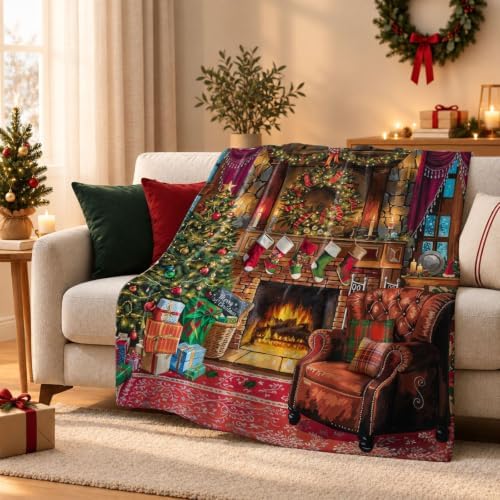 Neasow Christmas Throw Blanket, Christmas Eve Fireplace Tree and Puppy Design Soft Fuzzy Cozy Flannel Blanket Gift for Family and Friends Home Sofa Couch Chair Decorative 50x60 Inch - Image 4