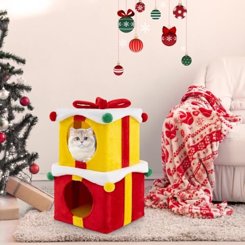 PETSITE Christmas-Themed Gift Box-Shaped Cat House, Stackable 2-Piece Indoor Cat Caves for Kittens, Colorful 2-Story Cat Hideaway Cat Bed for Indoor Cats - Image 4