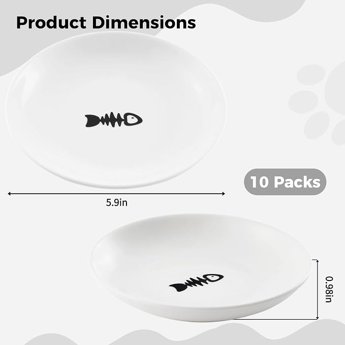 10 Ceramic Cat Feeding Bowls, 6 Inch Wide Shallow Plates for Dry/Wet Food | Reduces whisker contact; lead-free; holds water too; dishwasher safe; stable heavy design; for cats & small dogs