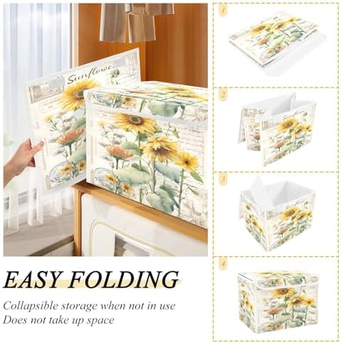 Bolaz Storage Bins with Lids and Handles,Sunflower Stamp Storage Box Basket with Cover Collapsible Organizer Containers for Home Closet, Shelves - Image 4