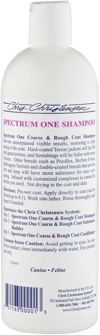 Chris Christensen Spectrum One Dog Shampoo, Coarse and Rough Coat, Groom Like a Professional, Maintain Crisp Texture, Will Not Dry Out Coat or Skin, Made in The USA, 16 oz