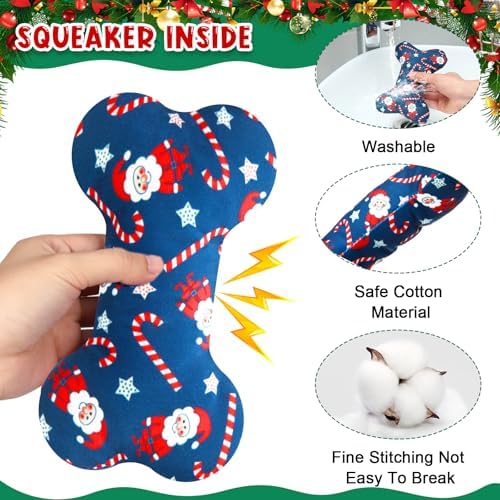 6 Pack Christmas Dog Squeaky Bone Toys Plush Interactive Dog Pets Birthday Bone Shape Stuffed Chew Toys for Puppy Small Medium Large Squeak Toss Play - Image 3