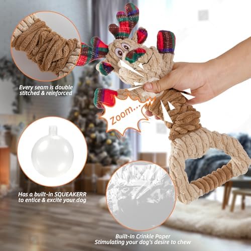 Christmas Dog Squeaky Toys for Large Dogs Tug of War Dog Plush Toys,Large Stuffed Dog Toys with Crinkled Paper,Stuffed Animals Toys for Dogs to Keep Them Busy - Image 3