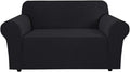 H.VERSAILTEX Stretch Couch Cover Slip Covers for Sofas/Couches 2 Cushions Pet Couch Covers for Sofa 1 Piece with Elastic Bottom, Textured Checked Jacquard Fabric(Loveseat 58"-70" Wide, Black)