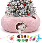 Cat Tunnel Bed with 11 Cat Toys for Indoor Cats, Pink Plush 4-Entrance by Fayavoo