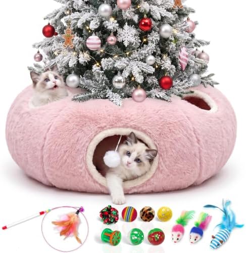 Cat Tunnel Bed with 11 Cat Toys for Indoor Cats, Pink Plush 4-Entrance by Fayavoo