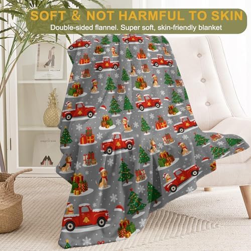 Christmas Decorative Throw Blanket, Red Truck Dog Tree Snowflake Print Decoration, Flannel Winter Blankets for Couch Bed Sofa, Holiday Home Decor, Xmas Festival Gifts for Pet Lovers 50x60 Inch - Image 2