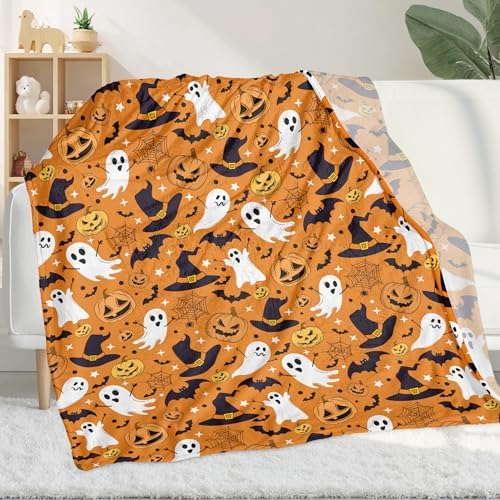 Orange Halloween Blanket, Spooky Pumpkin Ghosts Fleece Throw Blanket for Kids, Fall Halloween Decorations Gifts for Kids Women Birthday, 40x60 Inches - Image 5