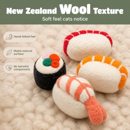 Glaciart One Wool Sushi Cat Toy Set with Catnip, 4 Pcs Cute Felt Cat Toys for Interaction and Boredom Relief, Encourages Exercise, Exploring and Play - Image 3