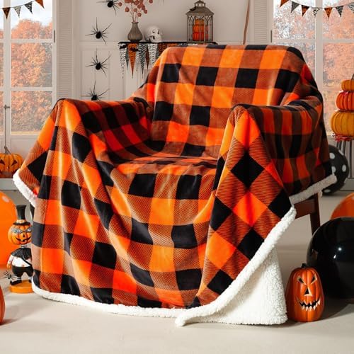 Touchat Halloween Blanket Twin Size 60" X 70"，Fall Autumn Harvest Sherpa Fuzzy Fluffy Soft Cozy Blankets, Fleece Flannel Plush Microfiber Throw for Couch Bed Sofa, Halloween Decor (Orange) - Image 4