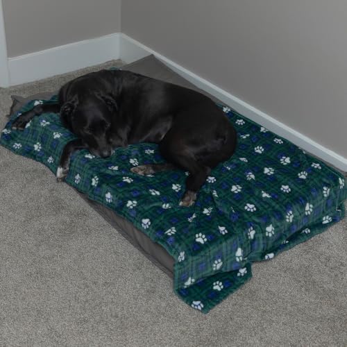 Pet Throw Blanket Ultra Soft Fleece Durable for Crates Beds Sofas Travel (Navy & Green Classic Paw Plaid, Medium) - Image 4