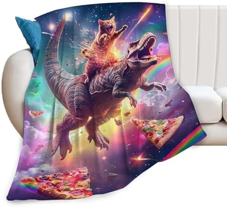 Funny Dinosaur and Cat Blanket Universe Rainbow Pizza Dino Cat Throw Blanket Gifts for Girls Women Kids Adults Super Soft Cozy Plush Fluffy Fuzzy Fleece Blanket Home Decor 50''X60'' - Image 7